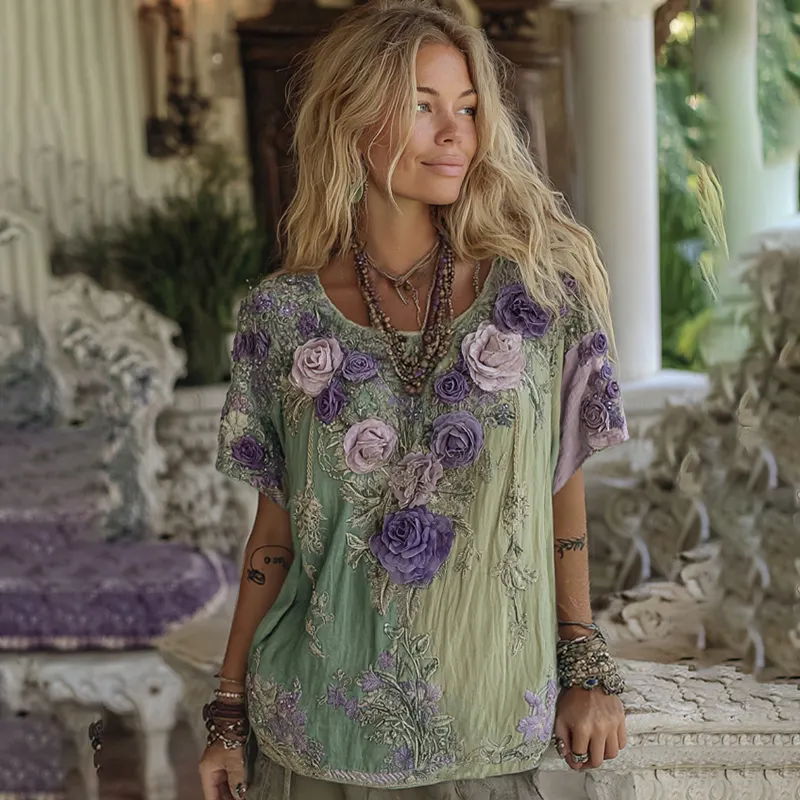 Classy Gradient Purple Lavender And Floral Embroidered Short Sleeve T-shirt