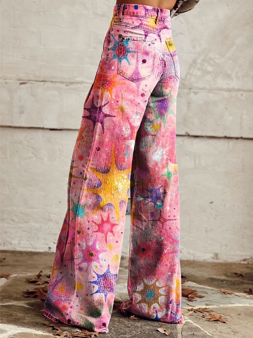 Vintage Pink Stars Print Casual Wide-Leg Pants