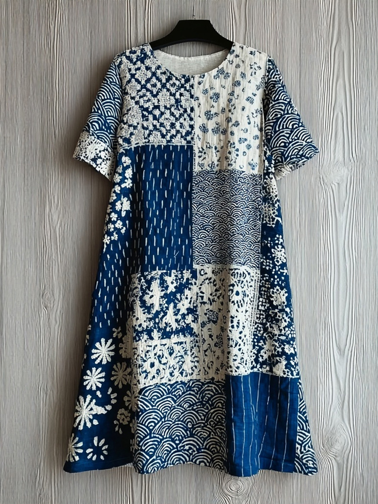 Vintage Japanese Inspired Patchwork Linen Midi Dress