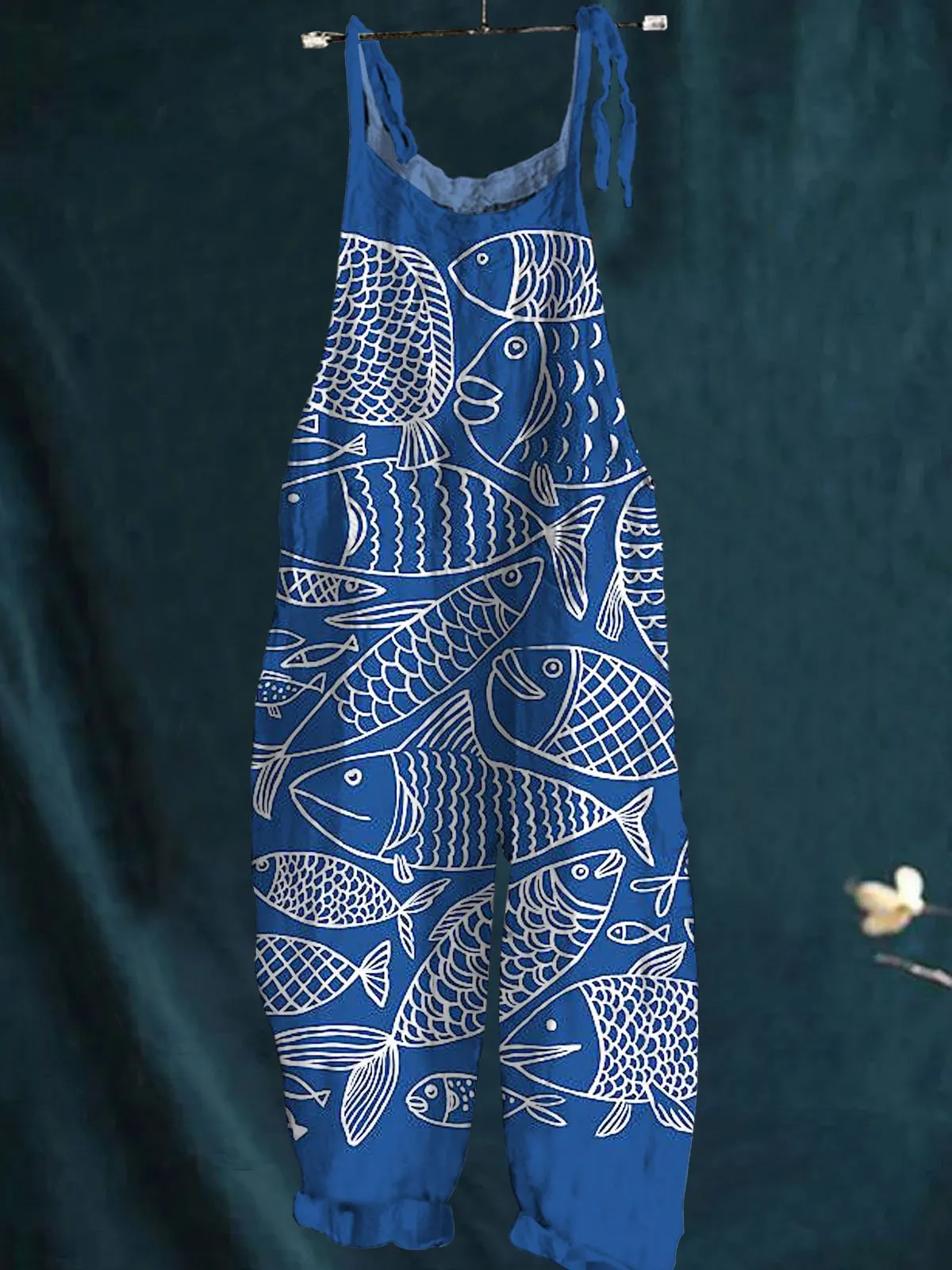 Vintage Lovely Fish Art Print Casual Wide-Leg Jumpsuit