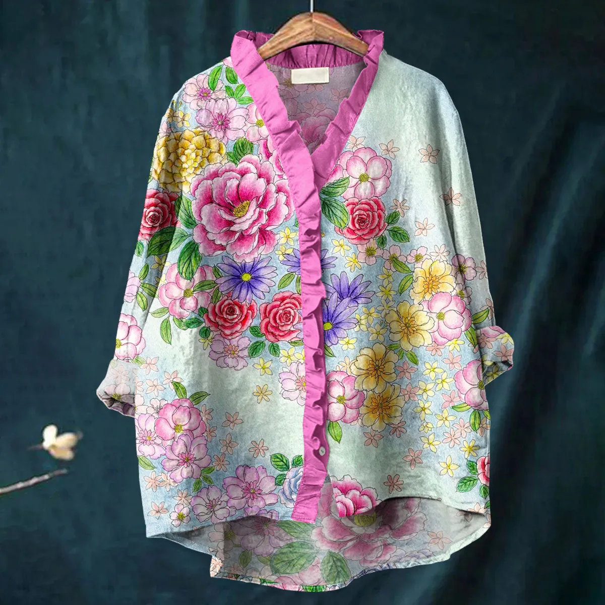 Vintage Floral Art Print Casual Cotton & Linen Ruffle Shirt