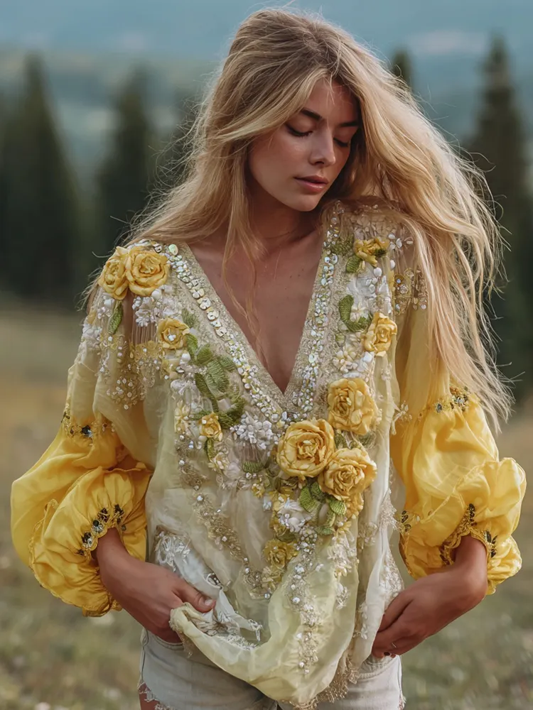 Women's Classic Bohemian Yellow Floral Embroidery Art Long Sleeve Linen Blend T-shirt