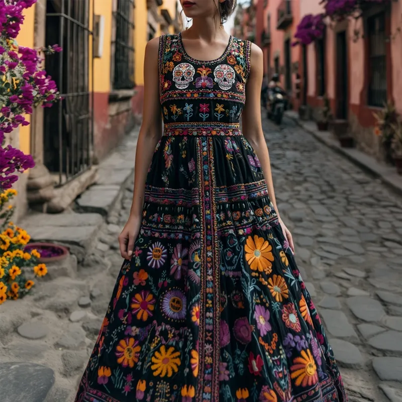 Day Of The Dead Sugar Skulls Floral Embroidered Linen Maxi Evening Dress