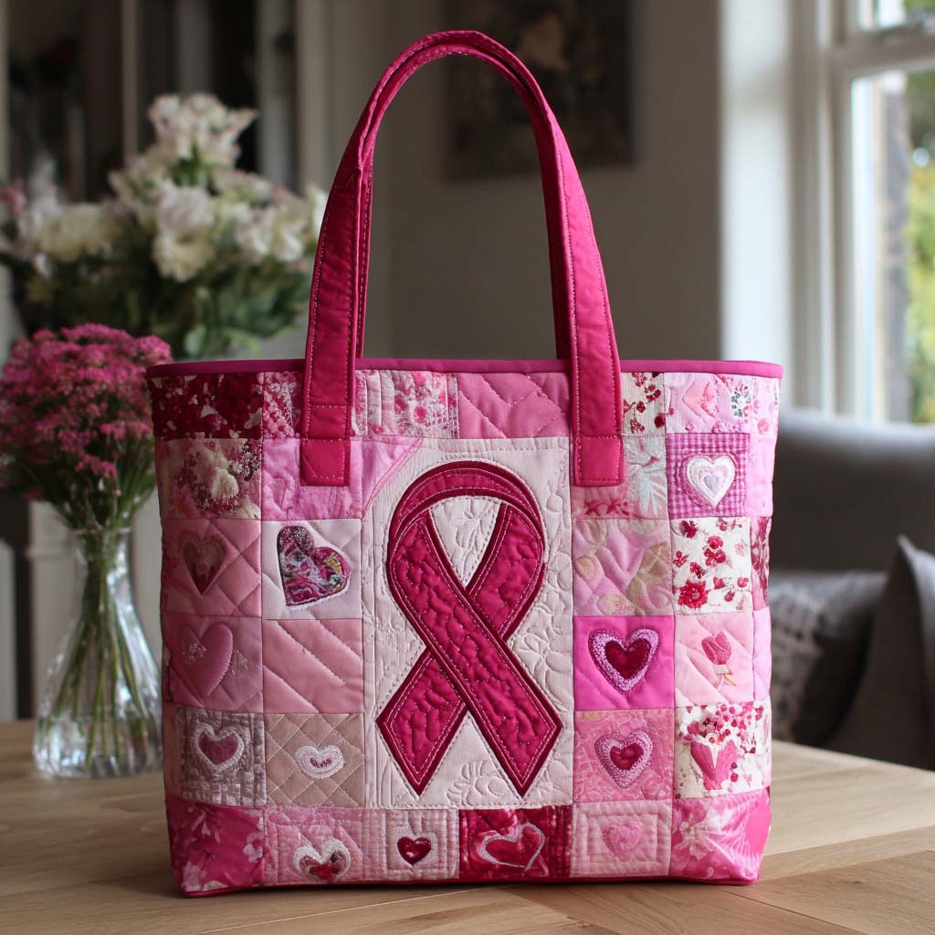 Pink Ribbon Quilted Tote Bag