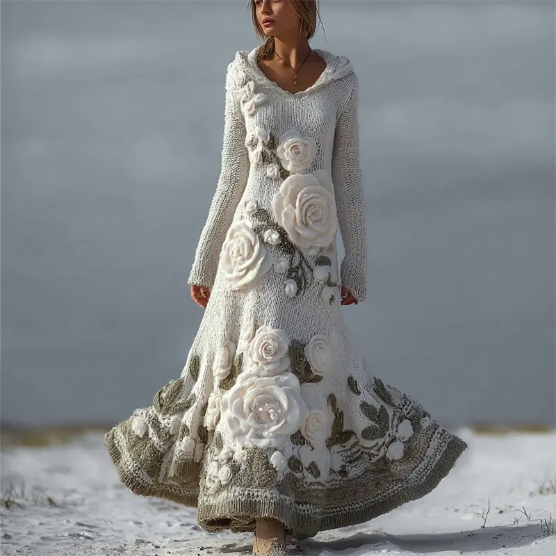 Vintage White Roses Cozy Hooded Maxi Sweater Dress