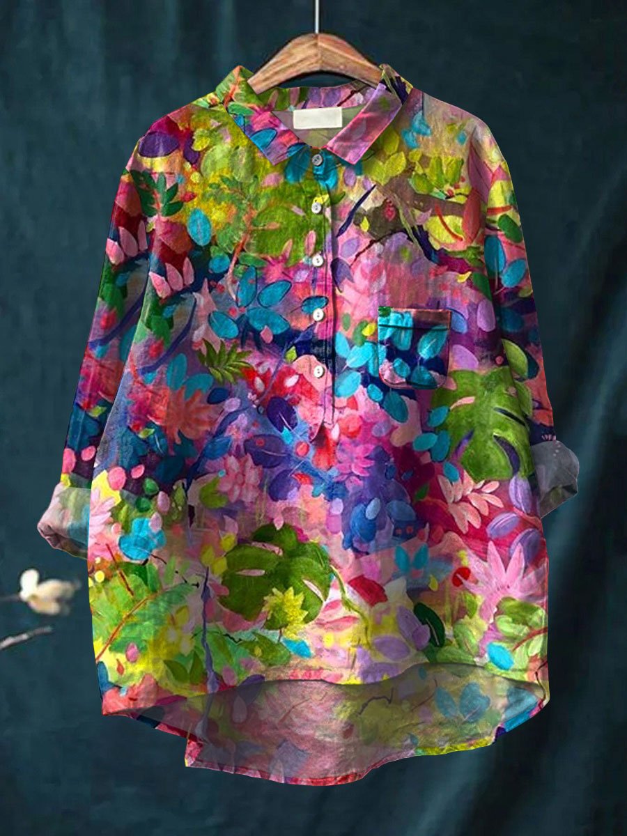 Colorful Leaves Art Print Casual Cotton & Linen Shirt