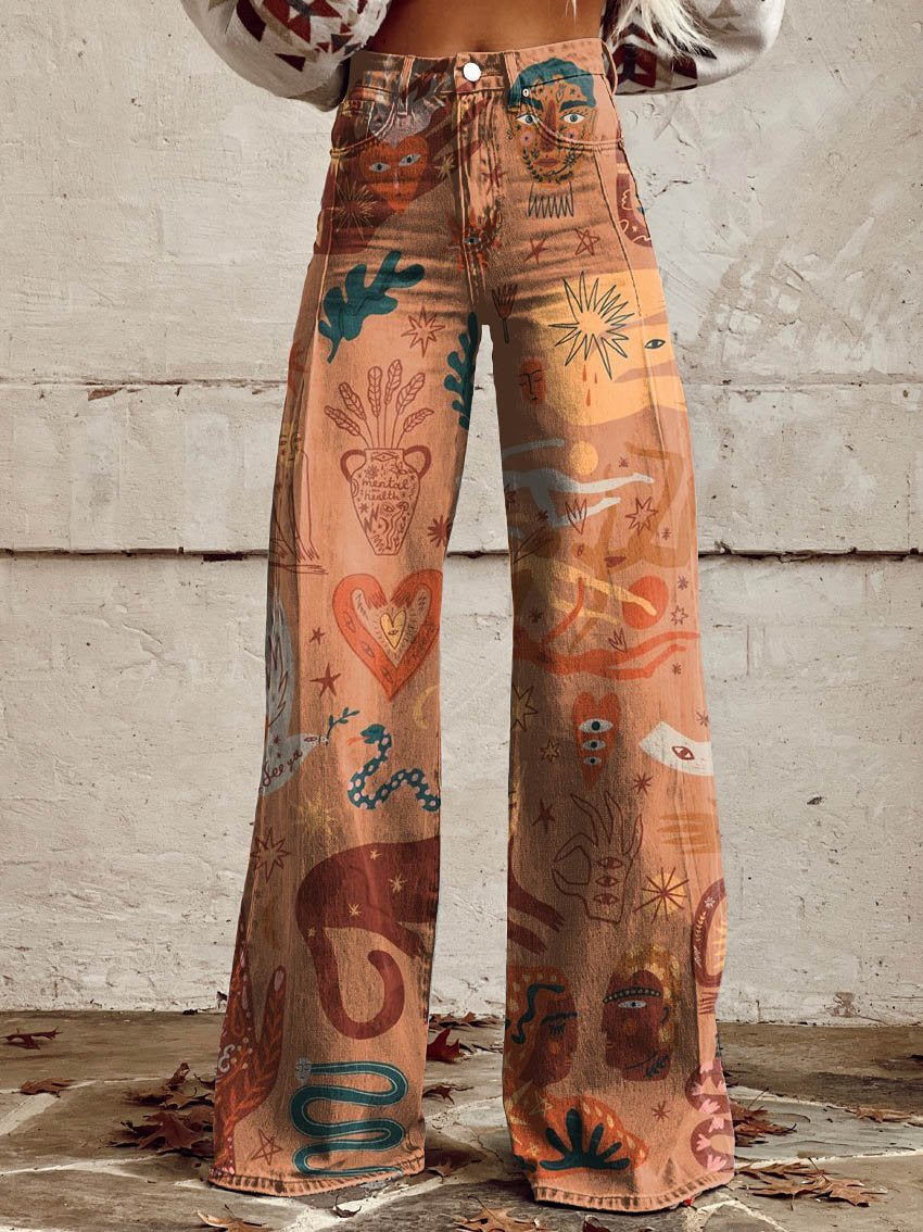 Cowboy Theme Print Casual Wide-Leg Pants