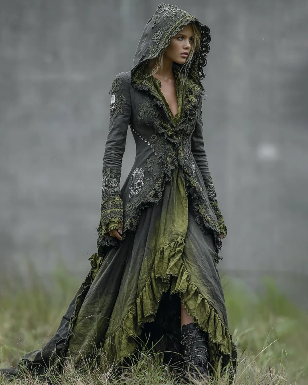 Bohemian style Irregular Gradient Skull Embroidered Lace Hooded Evening Dress c867