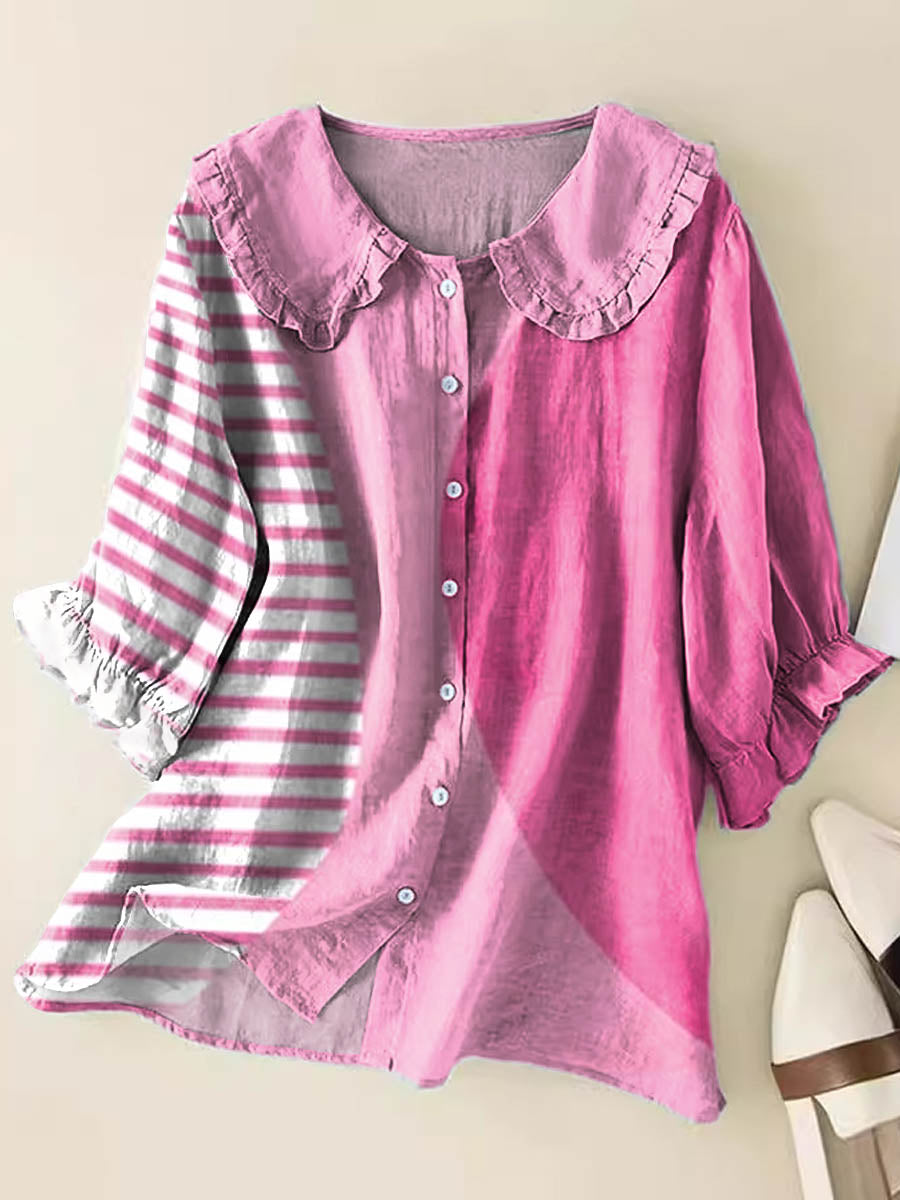 Geometric Line Pattern Art Print Casual Peter Pan Collar Cotton Shirt