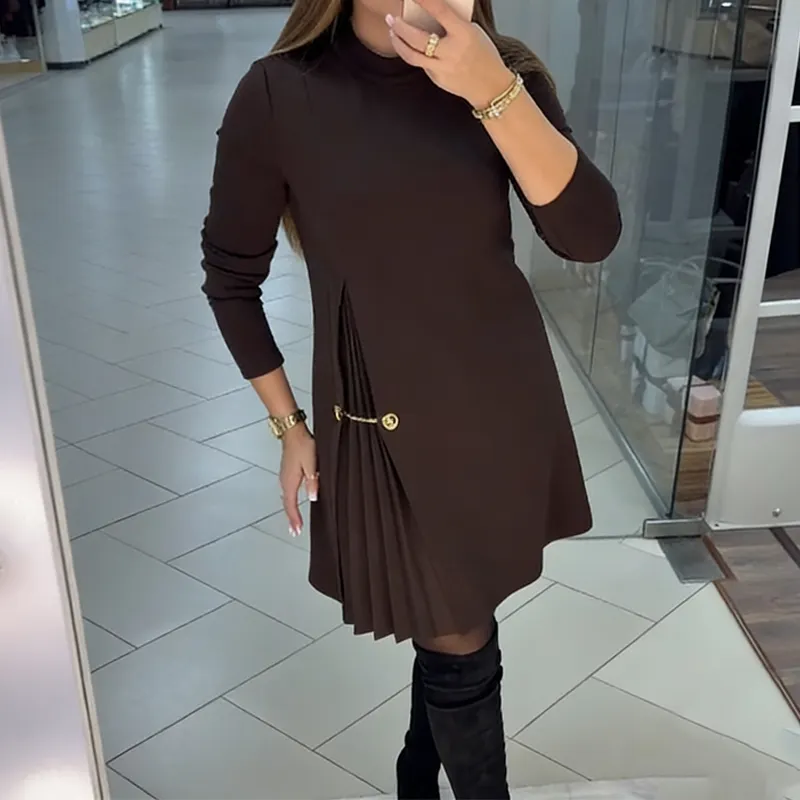 Sophisticated A-Line Dress with Pleated Detail & Gold Chain