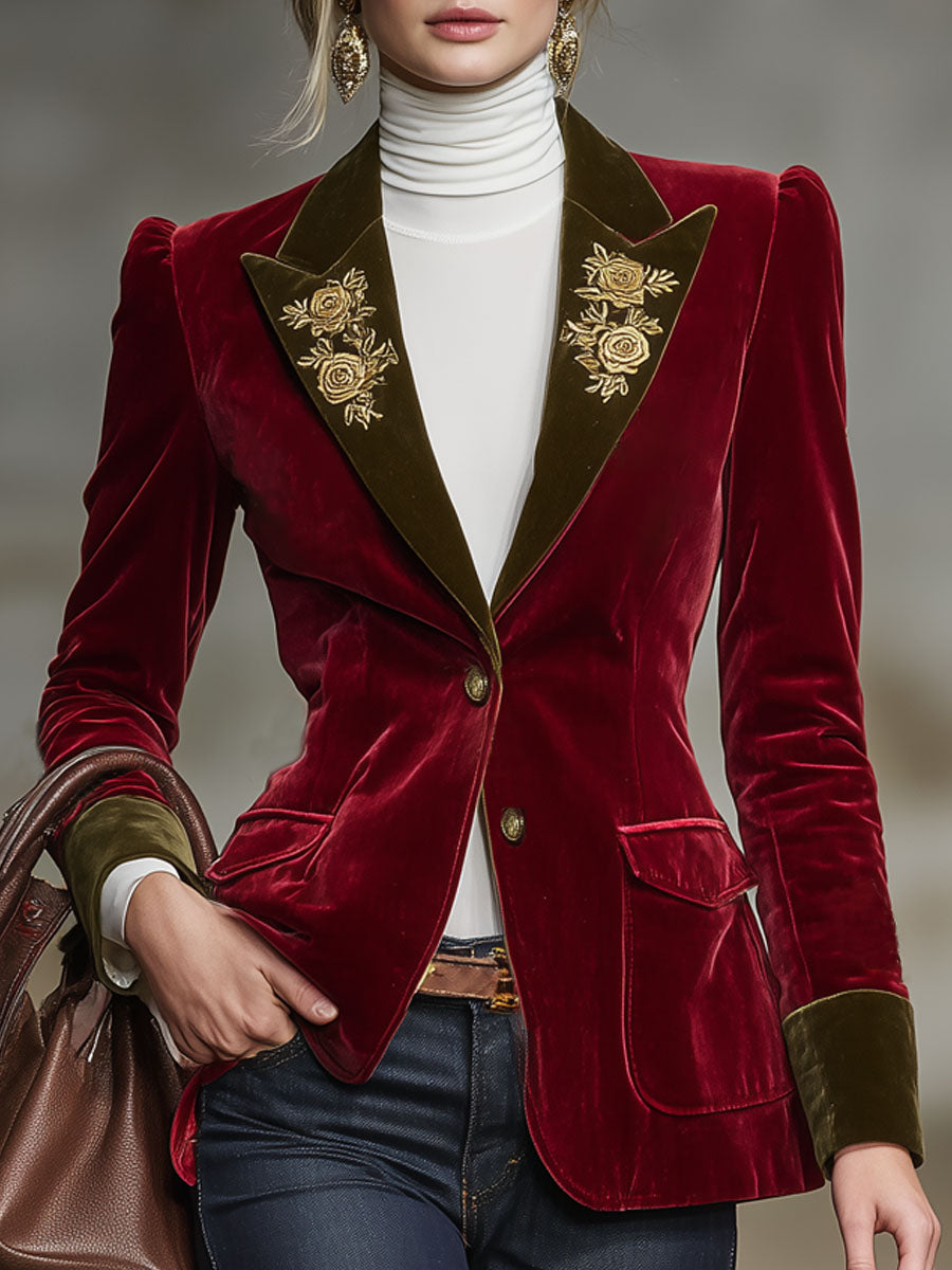 Color-blocked Velvet Patchwork Floral Embroidered Double-pocket Blazer
