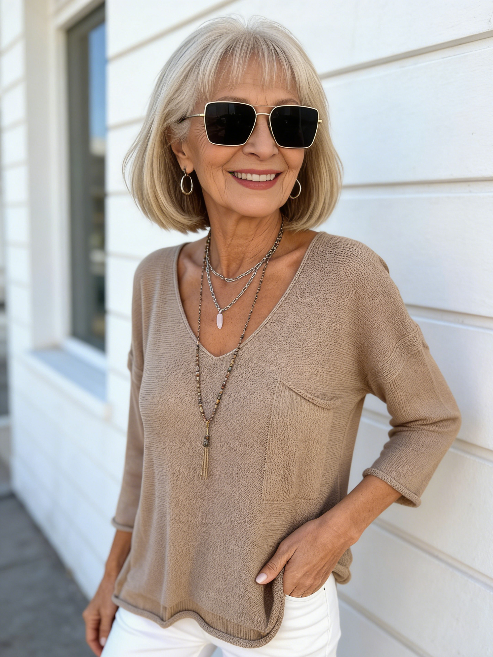 Taupe V-Neck 3/4-Sleeve Knit Top