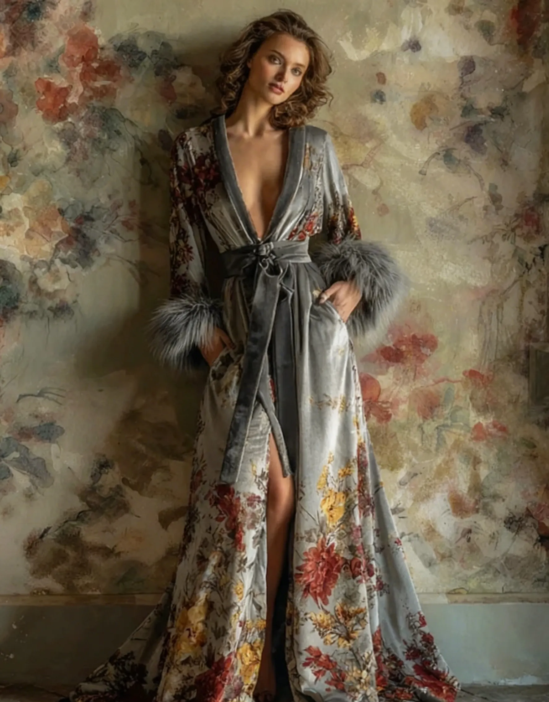 Artistic floral print kimono robe, autumn/winter long robe with sash.