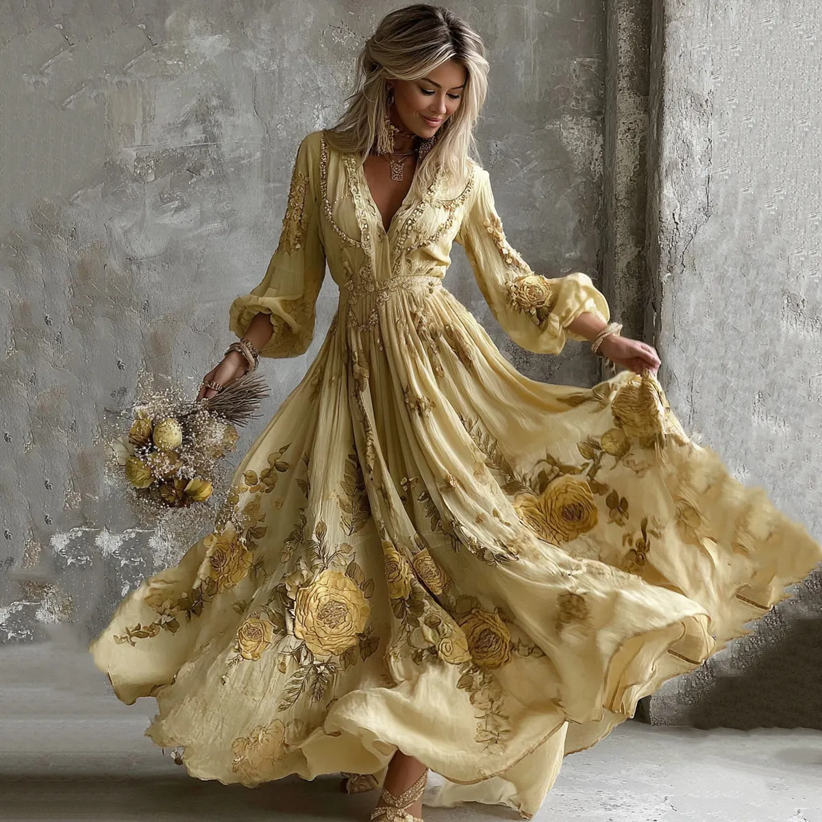 Women's Yellow Roses And Floral Art Print V-neck Long Sleeve Maxi Dress