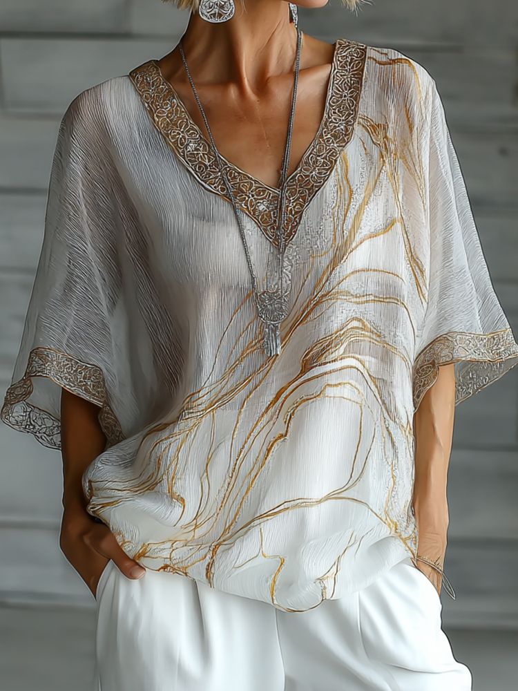 Vintage Marble Texture Collection Bohemia Style Gradient Gilded Pattern V Neck Women‘s T-shirt