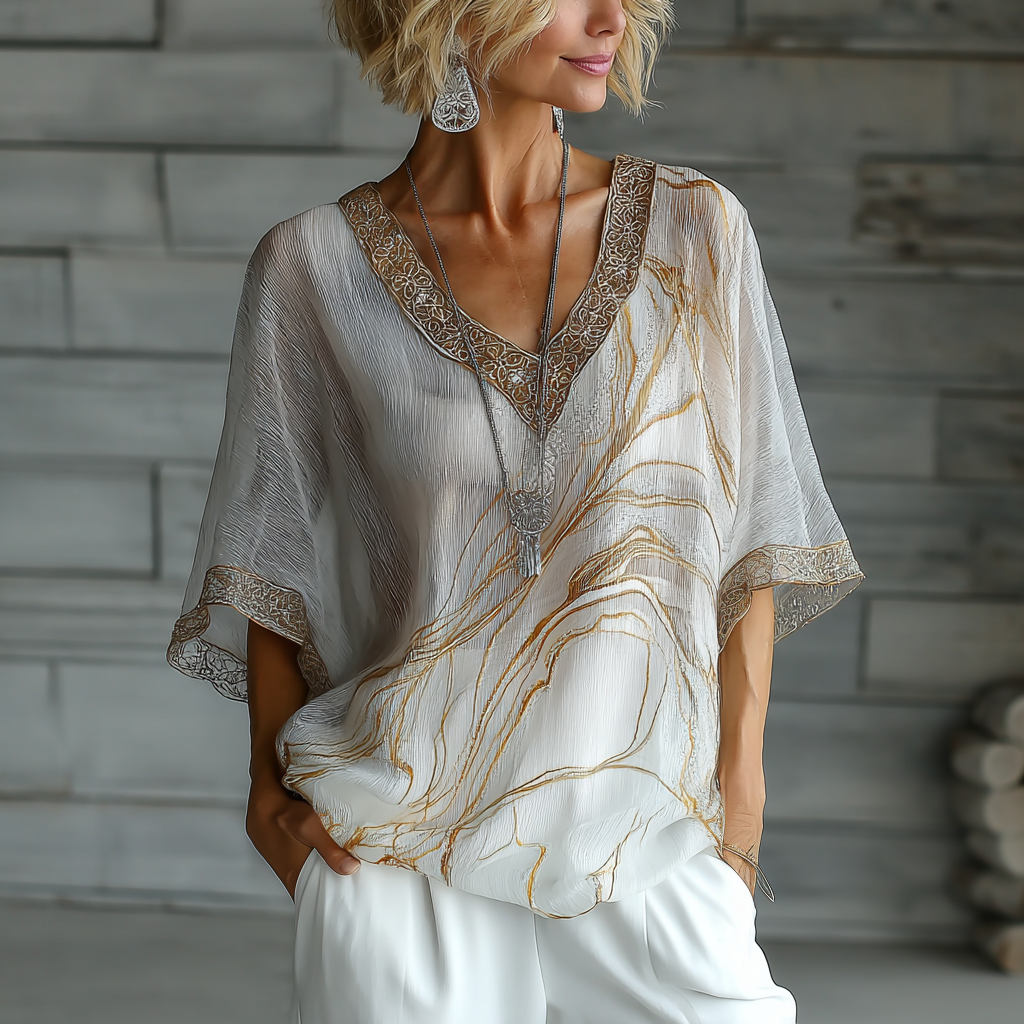 Vintage Marble Texture Collection Bohemia Style Gradient Gilded Pattern V Neck Women‘s T-shirt