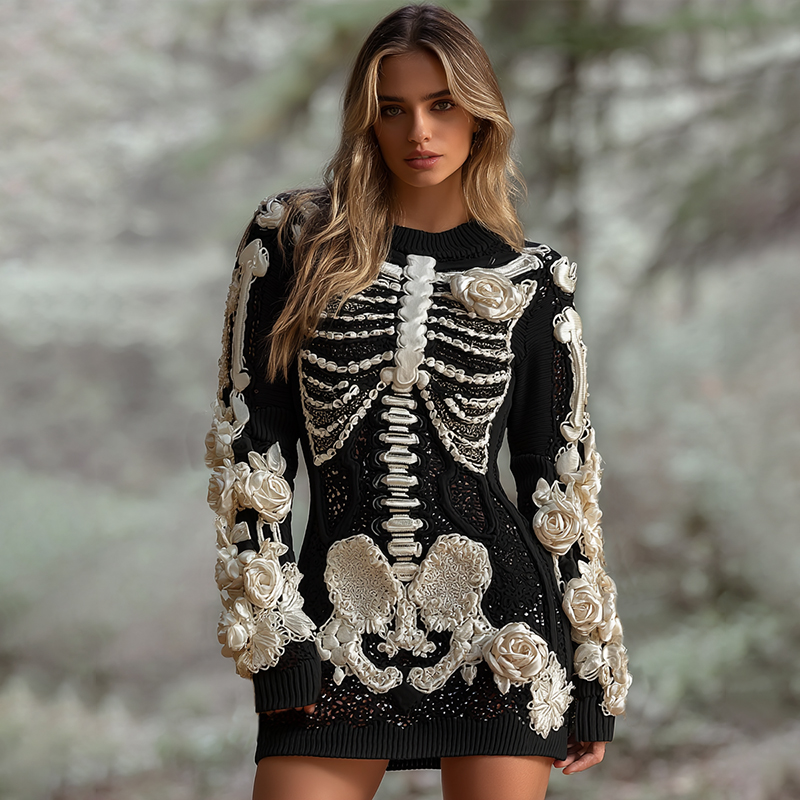 Women's Halloween Skeleton Bones With White Rose Art Hot Sexy Style Cozy Knit Mini Sweater Dress