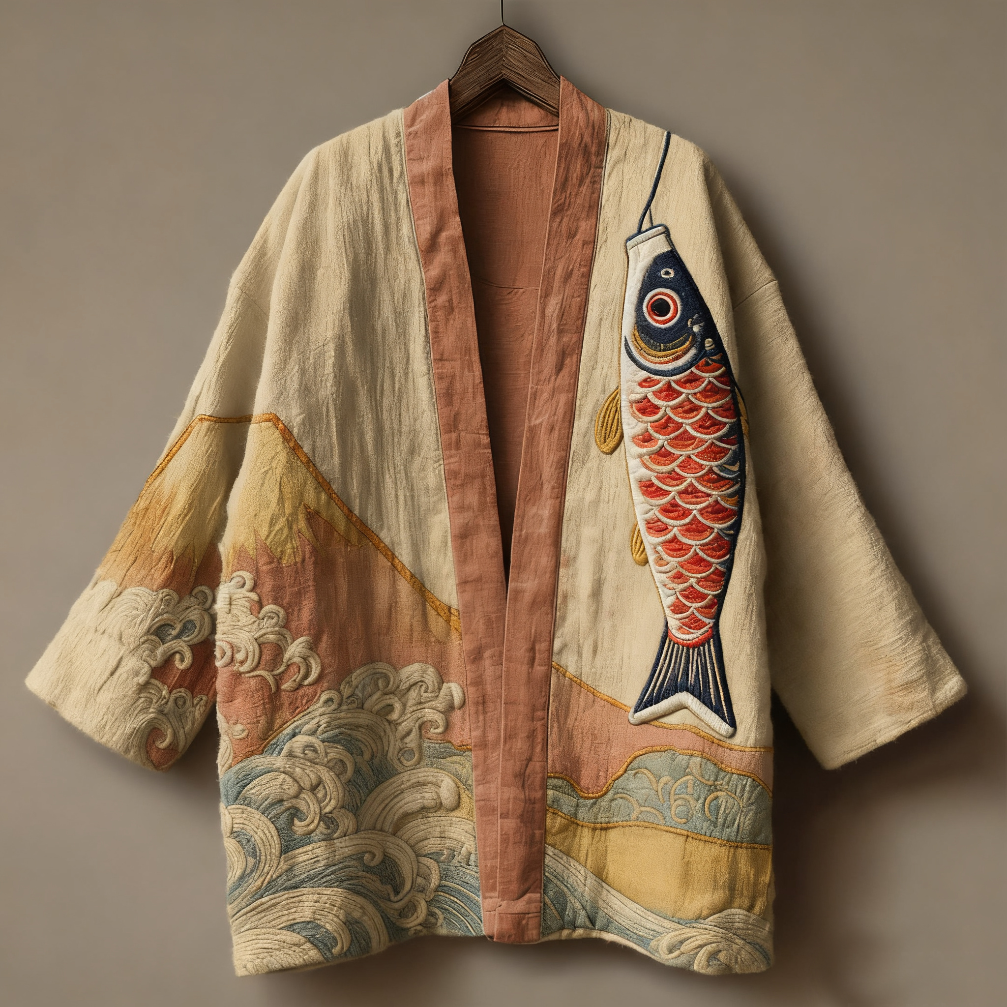 Japanese art ukiyo-e three-dimensional embroidered linen kimono cardigan