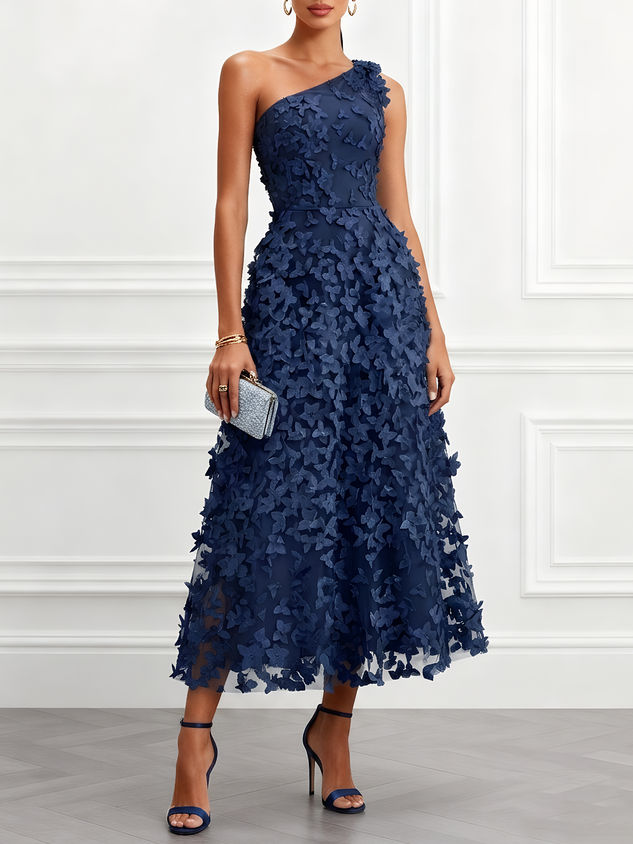 Light Blue 3D Floral Classic One-Shoulder Sleeveless A-Line Midi Dress