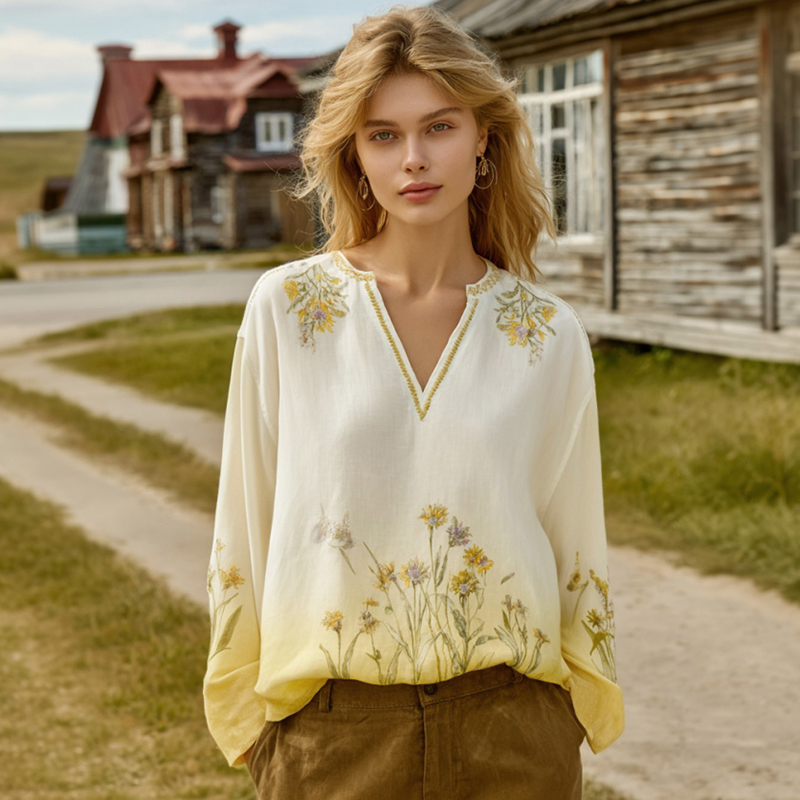 Women's Bohemian Floral V-neck Long-sleeved T-shirt
