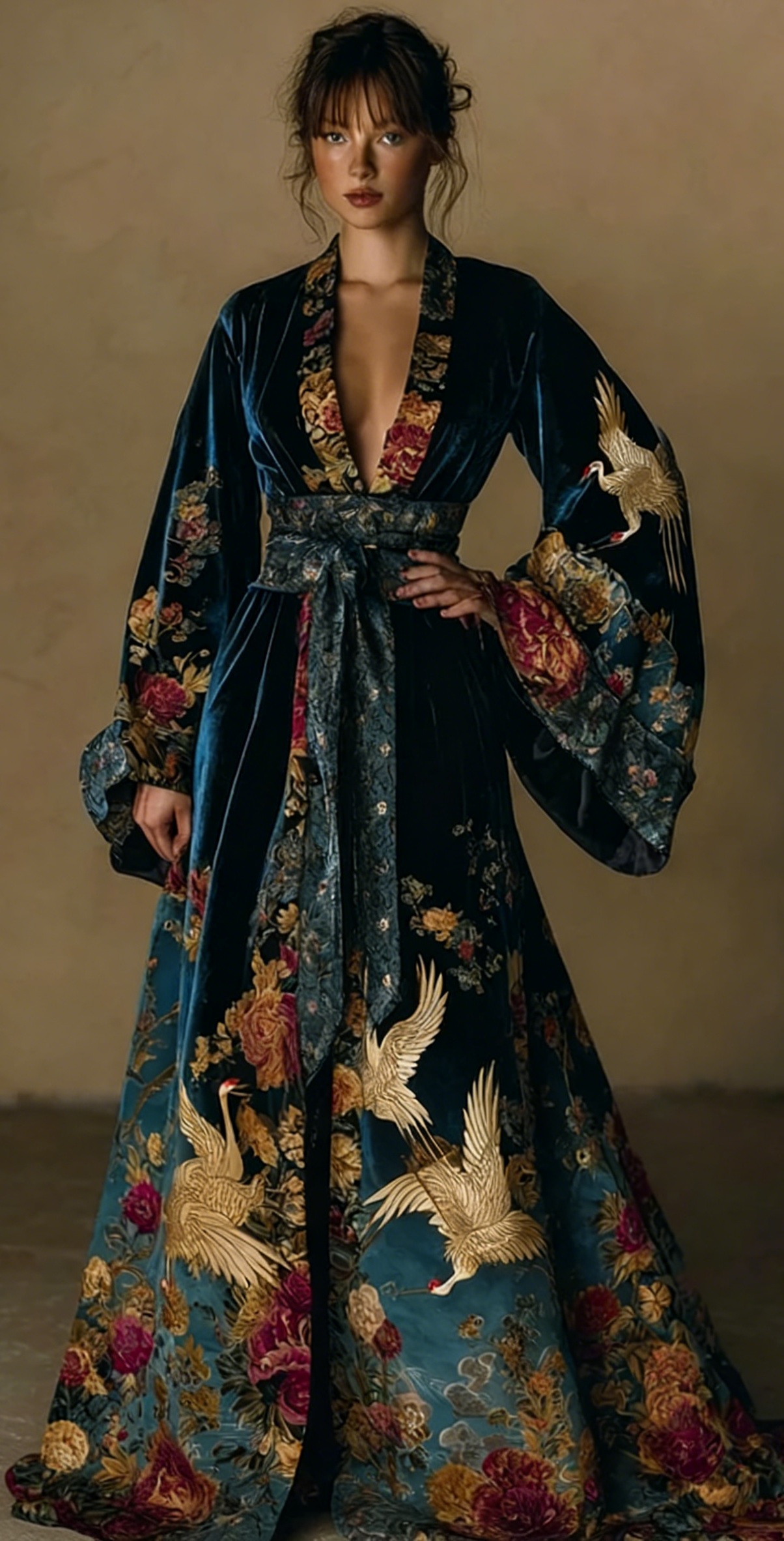 Women's Elegant Vintage Crane Art Print Robe