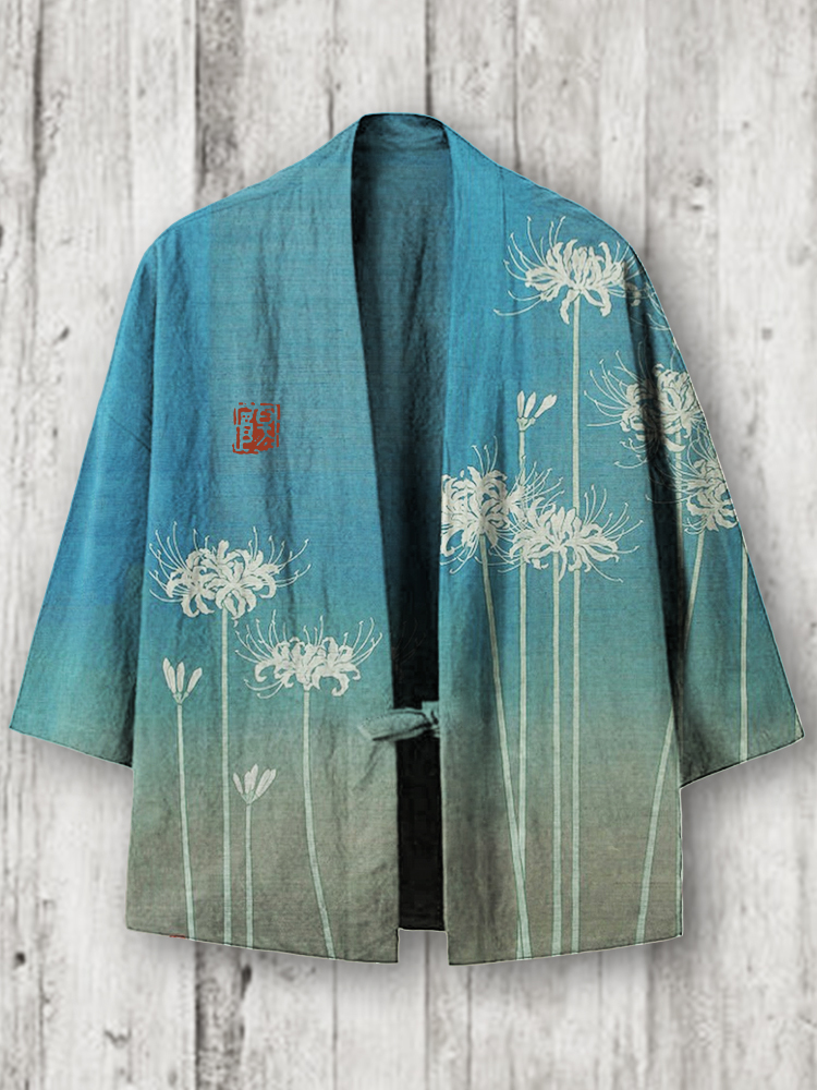 Spider Lilies Gradient Japanese Art Linen Blend Kimono Cardigan