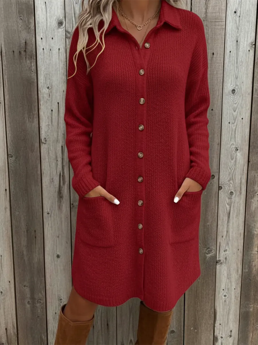 Casual Pocket Knit Midi Shirt Dress
