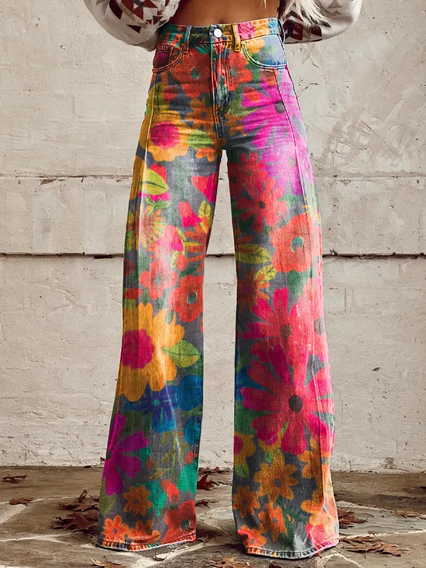 Vintage Floral Art Casual Wide-Leg Pants