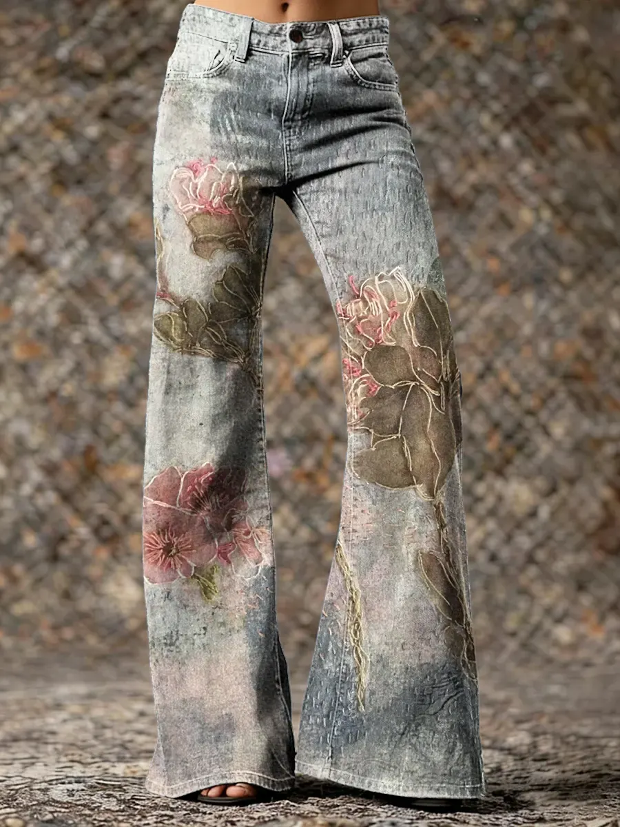 Ethnicity Texture Flowers Art Women's Print Casual Wide Leg Pants