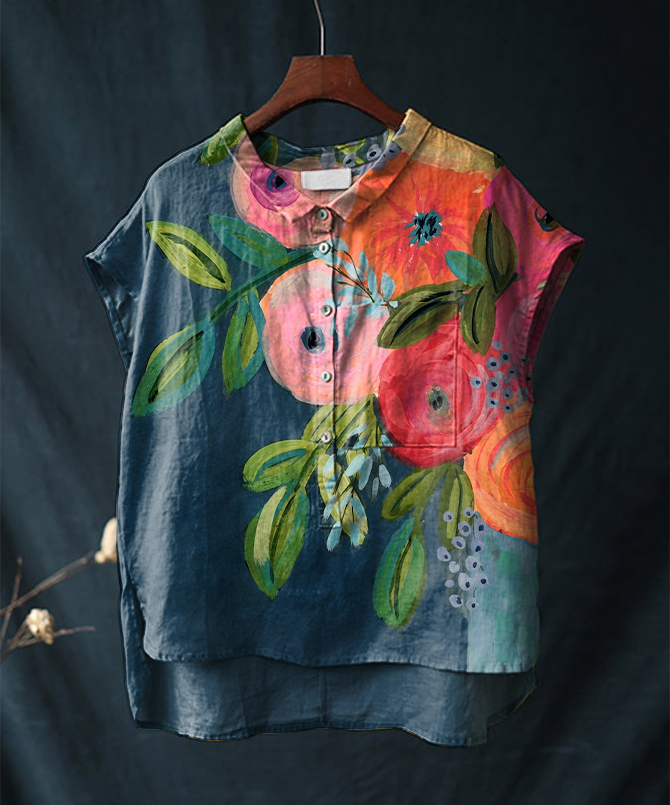 Vintage Floral Print Short-sleeved Cotton & Linen Shirt