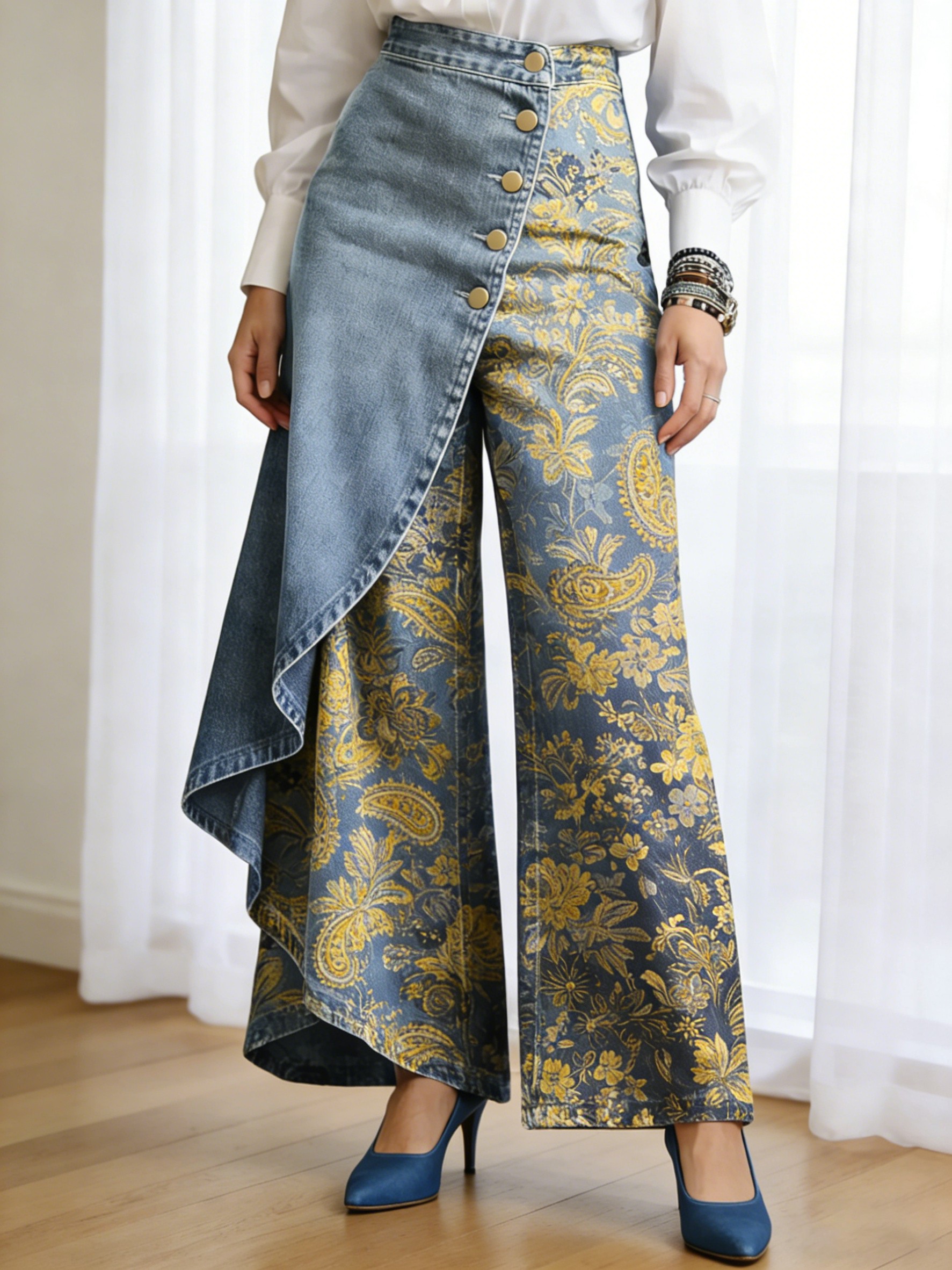 Art Print Casual Washed Denim Cotton Pants