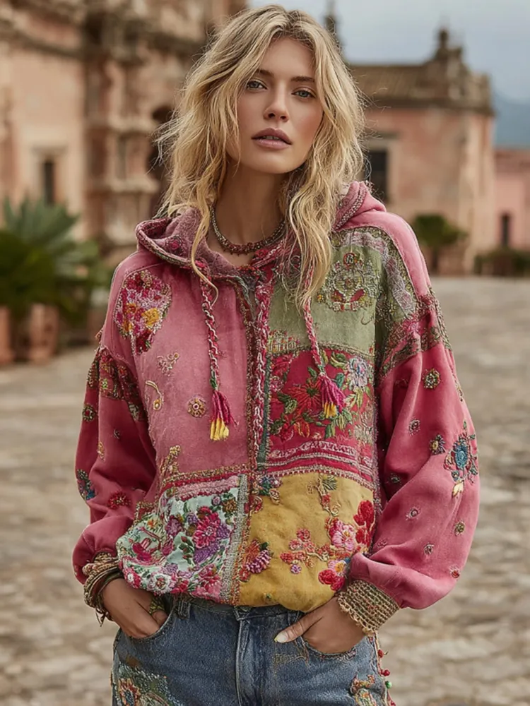 Women's Bohemian Floral Embroidery Art And Patchwork Casual Hoodie