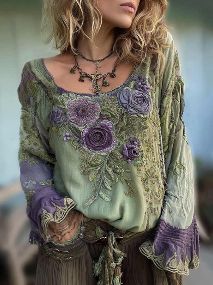 Vintage Purple Lavender And Floral Embroidered Long Sleeve Shirt