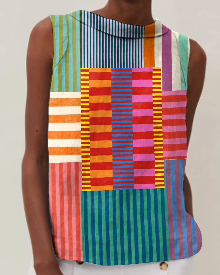 Retro Geometric Print Cotton & Linen Round Neck Sleeveless Top