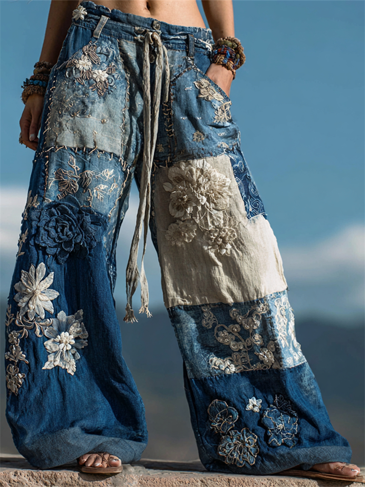 Boho Floral Lace Fiber Art Patchwork Flowy Casual Pants