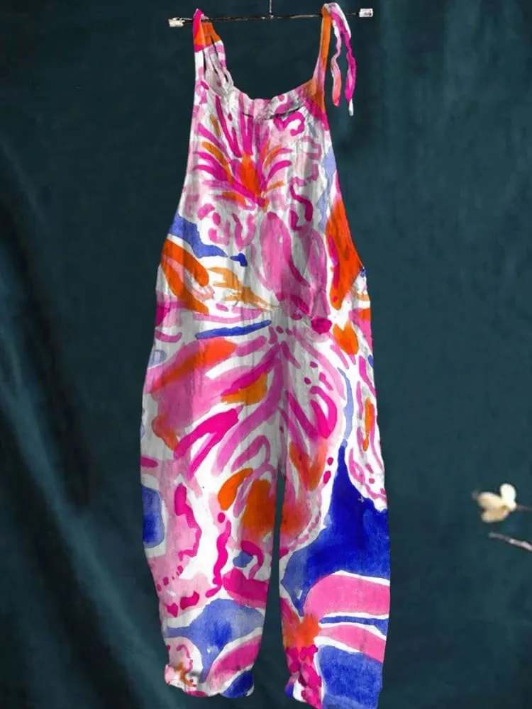 Vintage Lovely Floral Art Print Casual Wide-Leg Jumpsuit