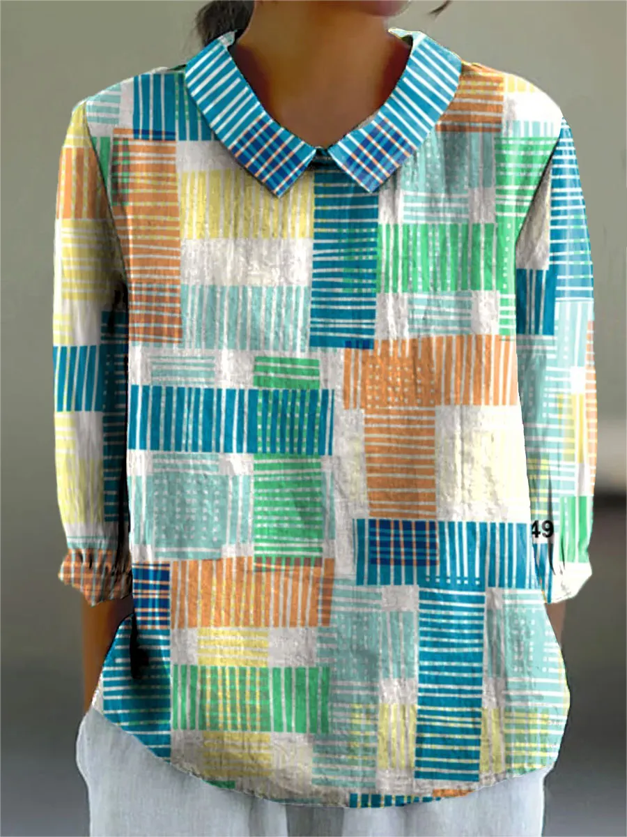 Color Block Line Art Print Casual Cotton & Linen 3/4 Sleeve Shirt