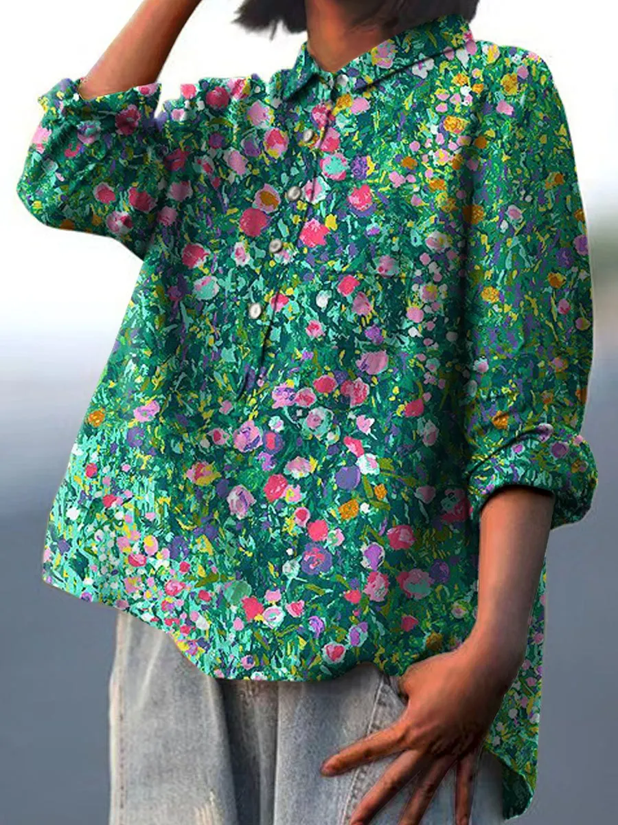 Vintage Floral Art Print Casual Cotton & Linen Shirt