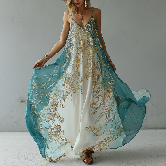 Vintage Marble Texture Collection Retro Bohemia Women Style Gradient Gilded Pattern Suspender Long Dress