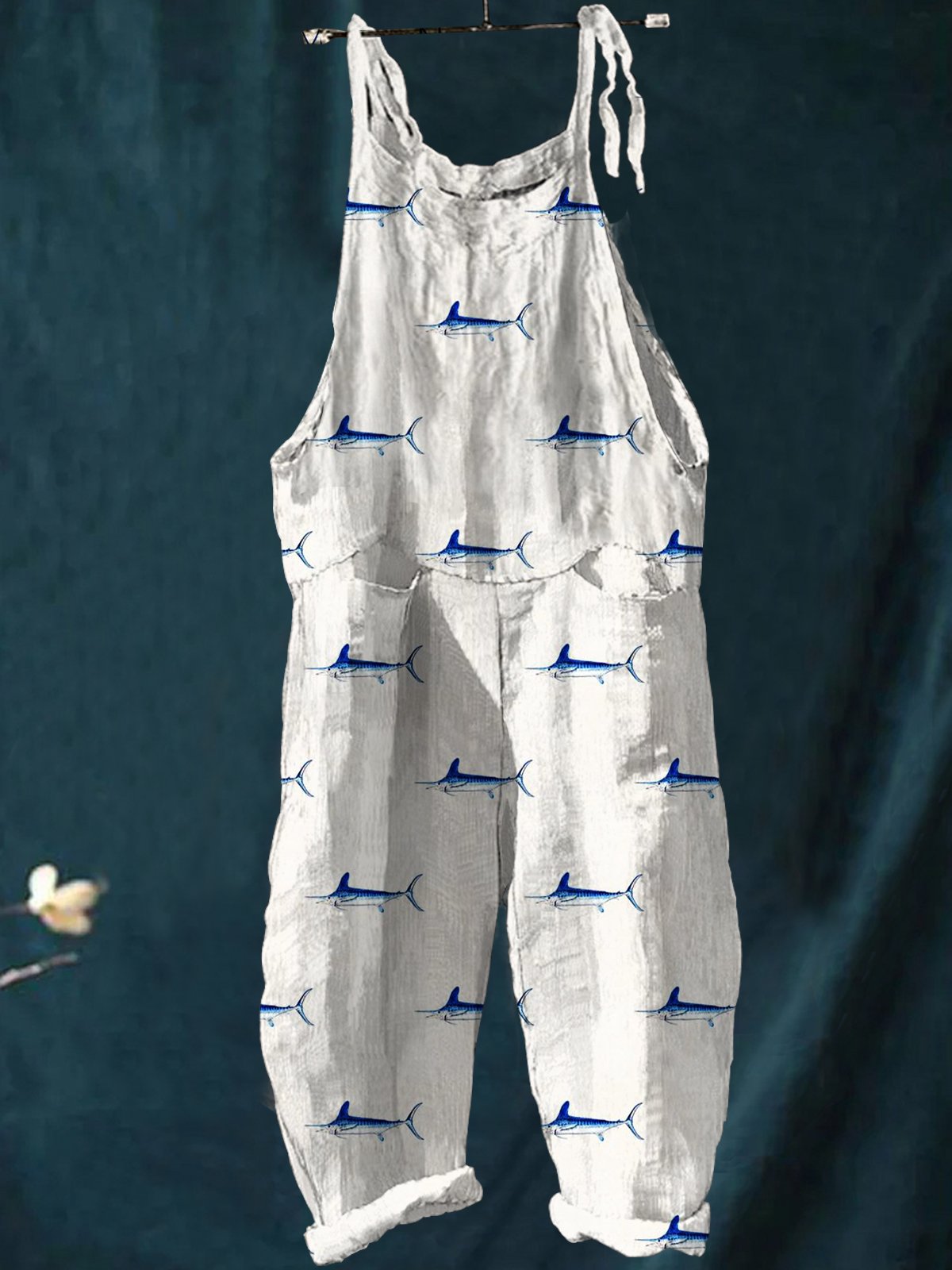 Fresh Blue Little Fish Print Casual Wide-Leg Jumpsuit