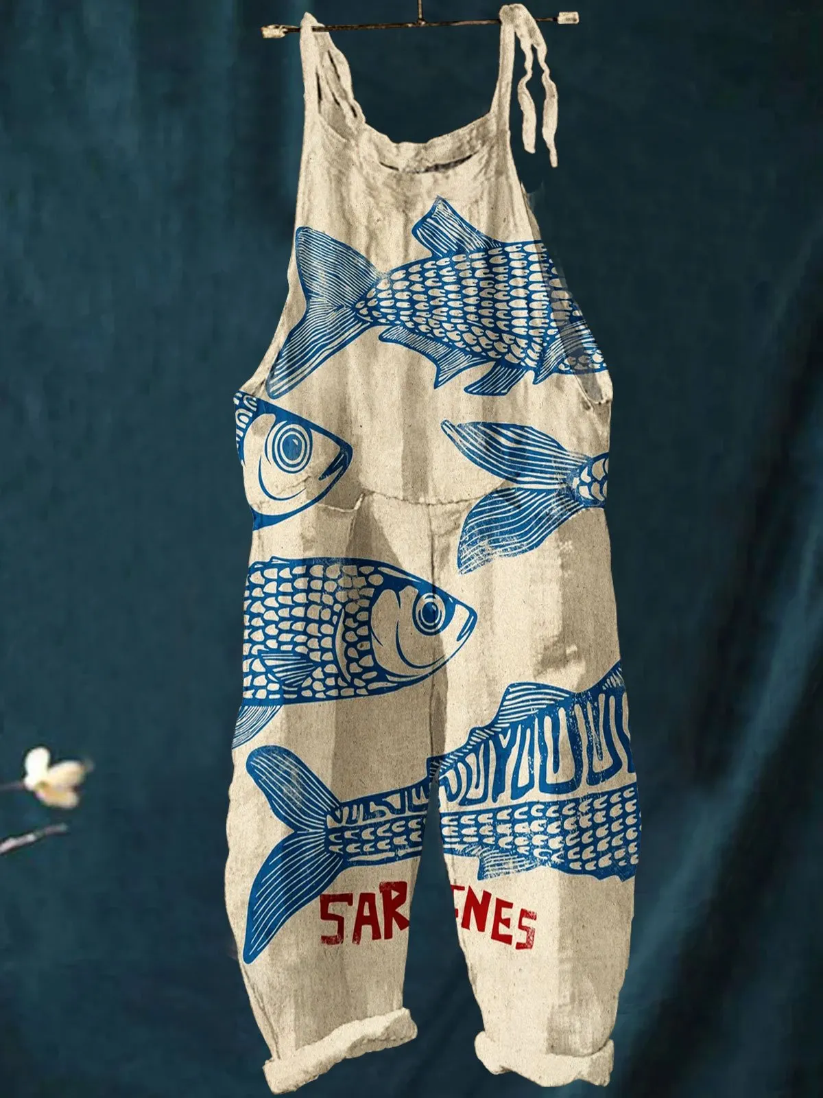 Vintage Fish Sardines Art Print Casual Wide-Leg Jumpsuit