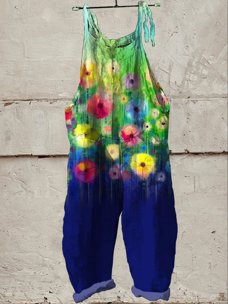Vibrant Summer Floral Garden Printed Women's Casual Wide-Leg Jumpsuit