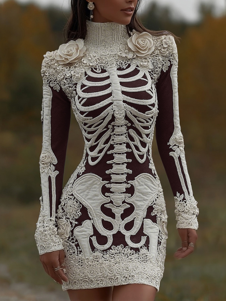 Women's Halloween Skeleton Bones With Rose Art Cozy Knit Turtleneck Mini Sweater Dress