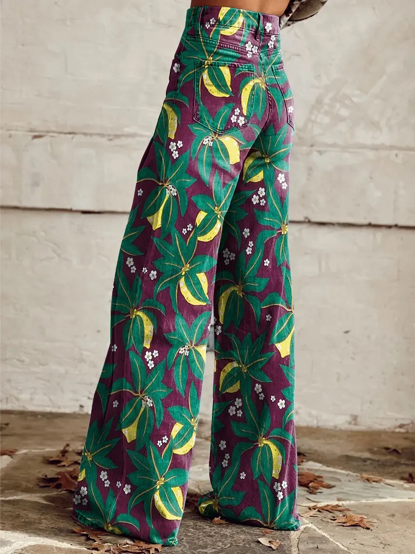 Vintage Stamen Print Casual Wide-Leg Pants
