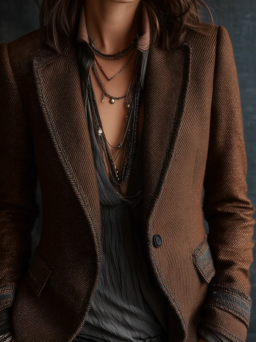 Retro Chic Dark Brownwith Contrast Edge Trim Tailored Blazer