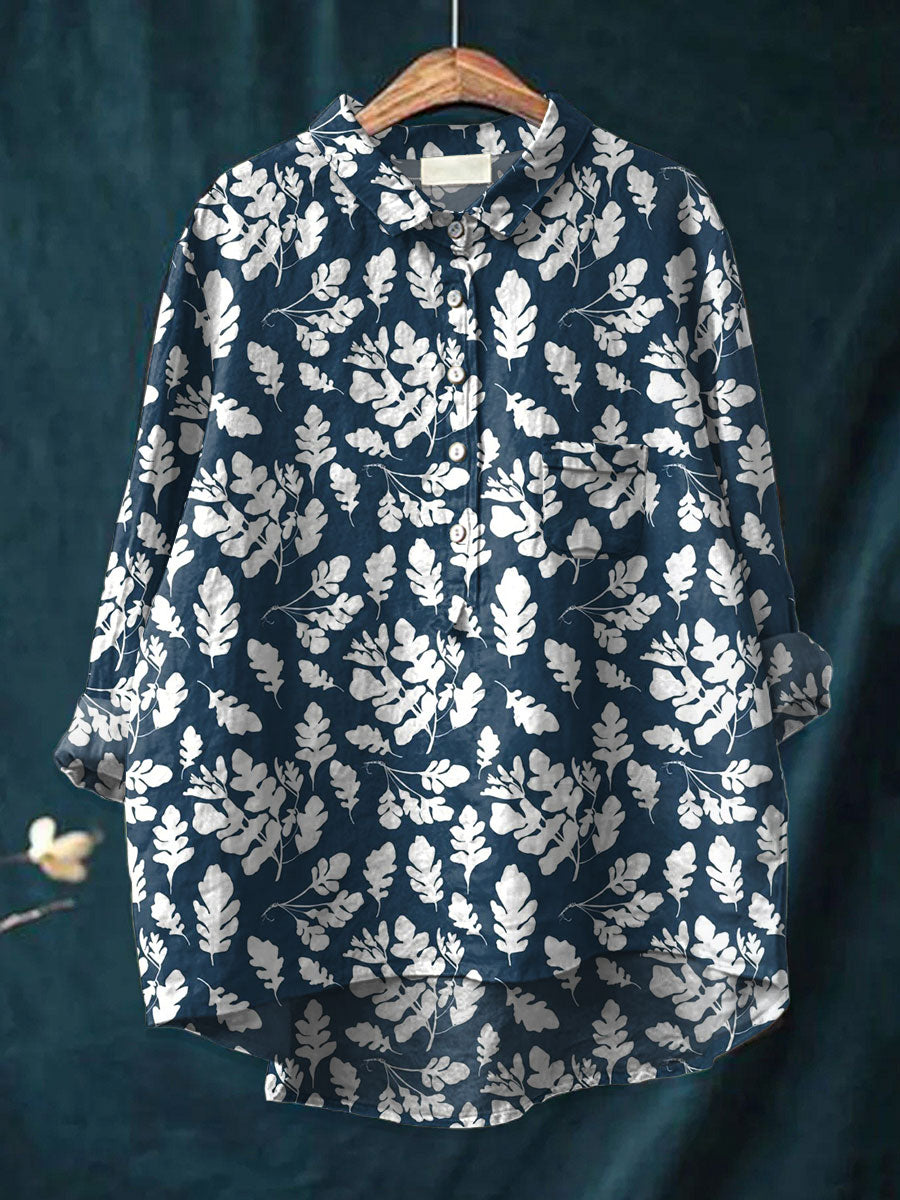 Vintage Flower Art Print Casual Cotton & Linen Shirt