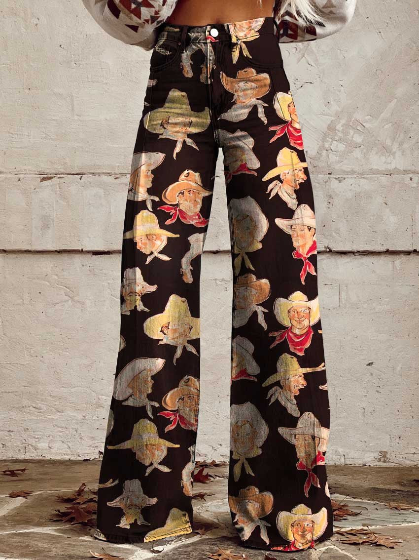 Cowboy Race Print Casual Wide-Leg Pants