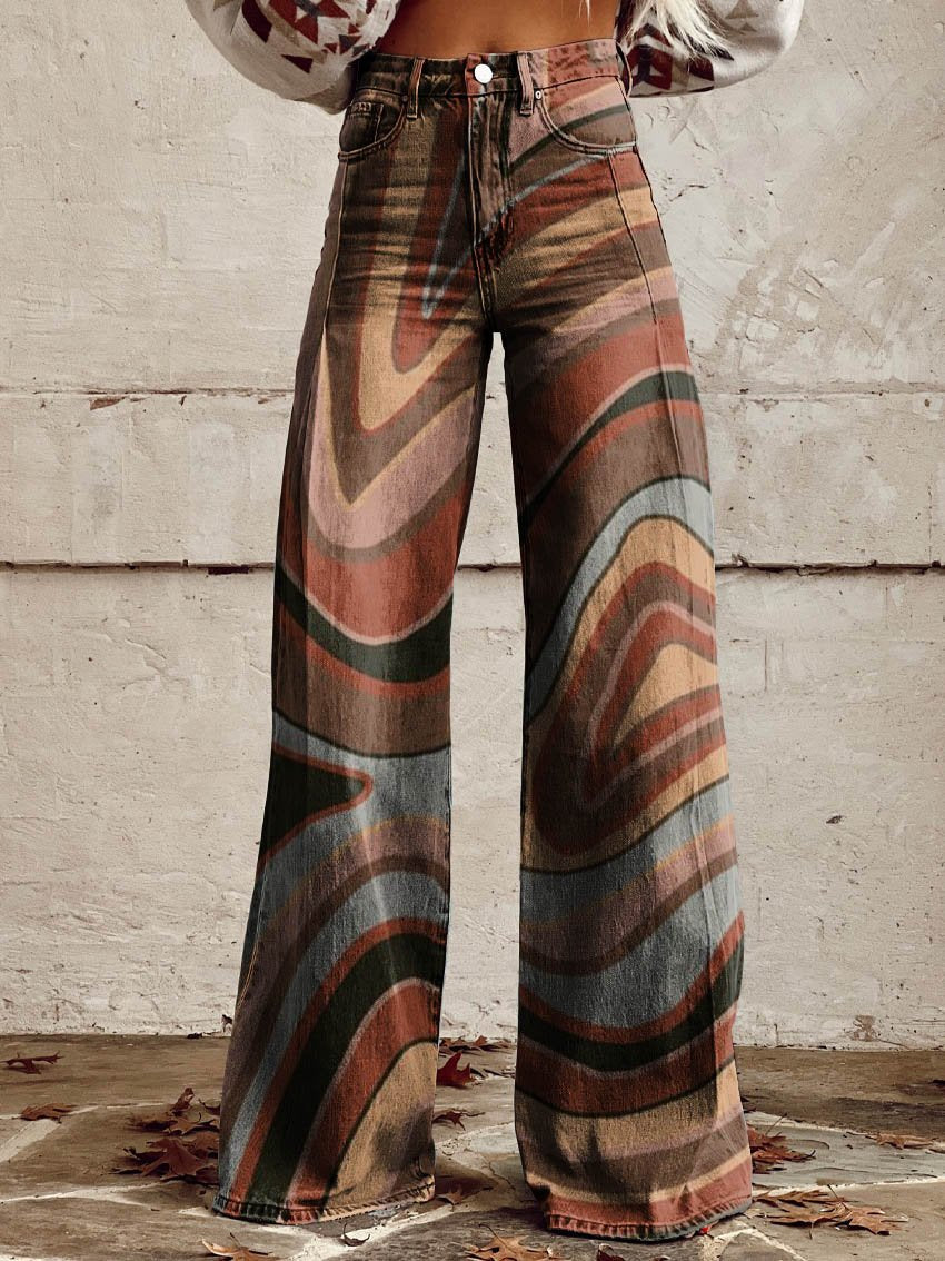 Brown Contours Print Casual Wide-Leg Pants