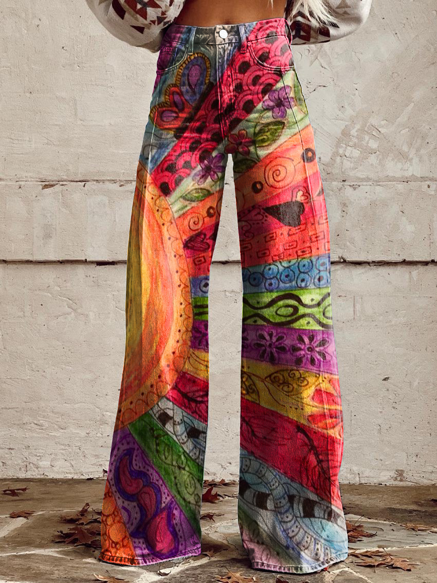 Vintage Sun Floral Print Casual Wide-Leg Pants