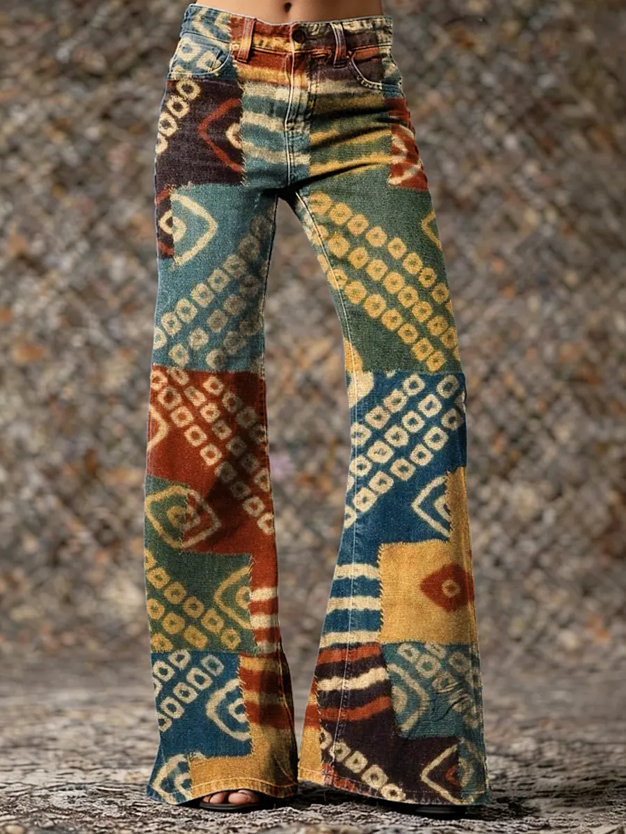 Ethnic Geometric Pattern Art Print Casual Washed Cotton Pants